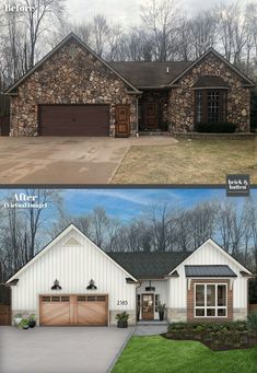 before and after photos of a house with stone siding, wood garage doors, and windows