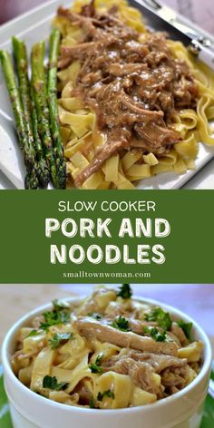 slow cooker pork and noodles with asparagus in a white bowl on a green plate