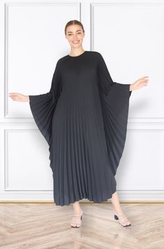 "A special collection with pleated kaftan in fan-style will bring the best \"new\" look for any occasions you may attend. Classic but chic !. It's totally smoothly flowy, soft and gentle touch. FEATURES - Black, Dark Black, Super Black - Pleated - Personal Custom Made - Full Length Kaftan  - Designer Silk Kaftan - Plus Size and Custom Length - Resort Wear, Beach Wear, Lounge Wear, Pool Cover Up Kaftan - Boat Neck -------------------------------- DETAIL  * The maximum length : 130-133 CM ( please Elegant Oversized Abaya, Elegant Oversized Long Abaya, Elegant Long Oversized Abaya, Elegant Long Pleated Maxi Dress, Elegant Spring Kaftan With Batwing Sleeves, Elegant Cape-shaped Kaftan, Elegant Oversized Spring Kaftan, Elegant Oversized Maxi Dress For Evening, Elegant Oversized Evening Maxi Dress