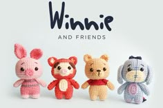 three small crocheted animals sitting next to each other with the words winnie and friends written above them