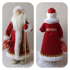 two pictures of santa claus dressed in red and gold