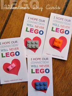 four valentine's day cards with legos and i hope our will never lego