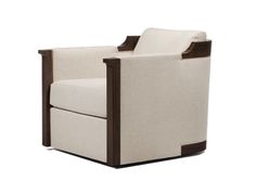 a white chair with brown trim on the armrests and back end, sitting in front of a white background