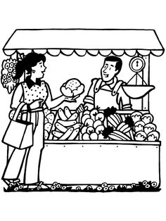 a black and white drawing of a woman buying food