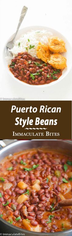 the recipe for puerto rican style beans is shown in two different images, one with eggs and