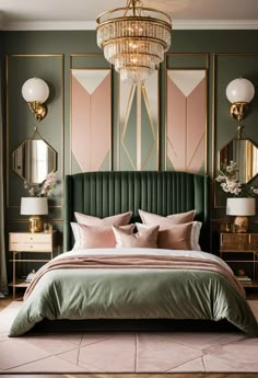 a bedroom with green walls, gold accents and a bed in front of a chandelier