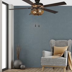 a living room with a chair and a ceiling fan