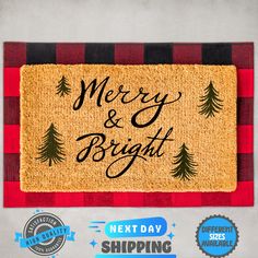 merry and bright christmas door mat with pine trees on the front, next day shipping