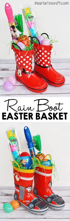 an easter basket with rain boots and eggs