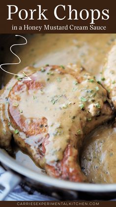 pork chops with gravy in a skillet on the side and text overlay