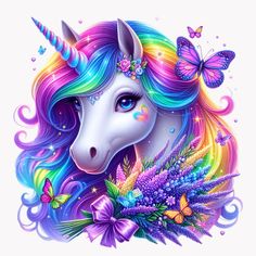 a unicorn with colorful hair and butterflies on it's head, surrounded by flowers