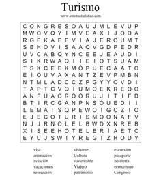 the word search for turismo is shown in black and white, with words below it