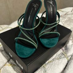 Deep Teal Green Suede And Crystal Heels, Leather Upper And Sole.. Comes With Box And 1 Dust Bag.. Brand New Never Worn Size 8.5 Prom Dresses In Green, Emerald Green High Heels, Prom Shoes Green, Shoes For Green Dress, Green Heels Aesthetic, Dark Green Heels, Peacock Heels, Emerald Green Heels, Emerald Shoes