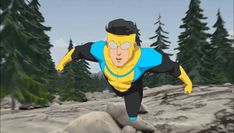 an animated man in blue and yellow is running on the rocks with trees behind him