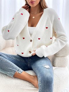 Coachella Dress, Cardigan Casual, Long Sleeve Knitted Cardigan, Heart Sweater, Button Front Cardigan, White Cardigan, V Neck Cardigan, Knit Sweater Cardigan, Long Sleeve Cardigan