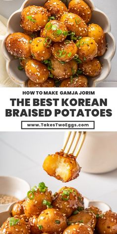 the best korean fried potatoes are served in bowls with chopsticks