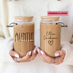 two women holding coffee mugs with their names on them and the words, personalized