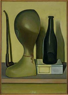 an oil painting of a bottle and a pair of scissors on a shelf with other items