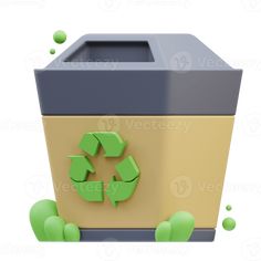 a recyclable trash can with green leaves around it