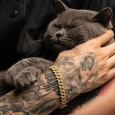 a person holding a cat with tattoos on their arms and arm, while wearing a gold chain bracelet