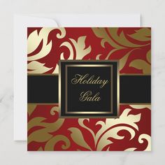 an elegant holiday card with gold foil on red and black damask, featuring the word holiday gala