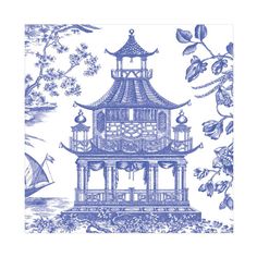 a blue and white drawing of a pagoda