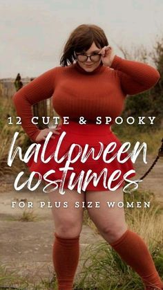 a woman in red is posing with her hands on her head and the words, 12 cute & spooky halloween costumes for plus size women