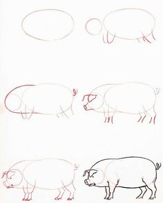 three pigs are shown in different stages of drawing