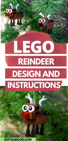 lego reindeer ornament hanging from a christmas tree with text overlay that says lego reindeer design and instructions