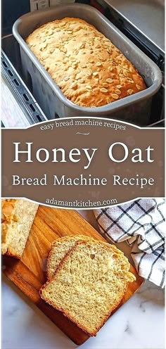 a loaf of honey oat bread sitting on top of a cutting board next to a pan