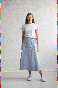 SUPER SALE -50%. Limited quantity. Handmade just for you in 2-5 days. ----------------------------------------------------------- Linen skirt from linocolore. 100% pure Italian linen. One of the finest linen in the world. Rich silky velvet feeling. Extra soft with natural wrinkles. Double stonewashed (before and after the order is made). Medium weight. OEKO TEX 100 certified.  This item color is Blue Light Other available colors are (see color chart in photos): - White - Black - Natural - Gray Dark - Blue Light - Purple Light - Lemon - Terracotta - Khaki - Blue Dark - Green - Brown Light - Red - Pink Light - Blue - Pink - Sand - Gray - Gray Light - Aquamarine - Violet - Gold - Salmon - Chocolate Available sizes (see size chart in photos): XXS, XS, S, M, L, XL, XXL. Other sizes or made-to-m Fitted Linen Casual Maxi Skirt, Casual Fitted Linen Maxi Skirt, Fitted Linen Maxi Skirt Casual Style, Casual Linen Wrap Skirt For Spring, Casual Linen Asymmetrical Skirt, Casual Asymmetrical Linen Skirt, Blue Linen Flowy Skirt, Blue Relaxed Linen Skirt, Casual Linen Long Wrap Skirt