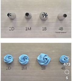 four different types of blue icing sitting on top of each other next to numbers