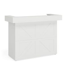 a white counter top with an open door on the front and side panel, against a white background