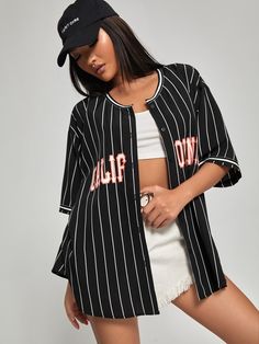 Black Preppy  Three Quarter Length Sleeve Polyester Letter,Striped Tunic Embellished Non-Stretch Summer Women Tops, Blouses & Tee Styling Baseball Jerseys, Short Outfit Ideas, Outfit Club, Bishop Sleeve Blouse, Summer Outfits 2022, Striped Tunic, Puff Sleeve Blouse, Women Blouses