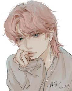 a drawing of a person with pink hair and piercings on his ear, looking to the side