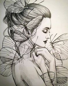 a drawing of a woman with butterflies in her hair