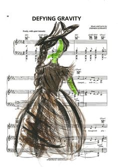 a drawing of a woman in a dress and hat with music sheets behind her on the page