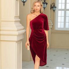 Women's Sexy One Shoulder Cocktail Dresses Ruched Wrap Velvet Asymmetric Party Bodycon Midi Dress Red Asymmetrical Hem Party Dress, Red Party Dress With Asymmetrical Hem, Flirty Draped Midi Dress For Party, Red One-shoulder Asymmetrical Dress For Parties, Red One-shoulder Asymmetrical Party Dress, Red Draped Asymmetrical Party Dress, Red One Shoulder Midi Dress For Party, Red Asymmetrical Neckline Midi Dress For Party, Red Midi Dress With Asymmetrical Neckline For Party