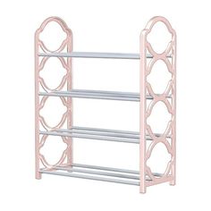 a pink shelf with three shelves on each side and two circular holes in the middle