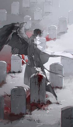 a man with wings flying over a cemetery