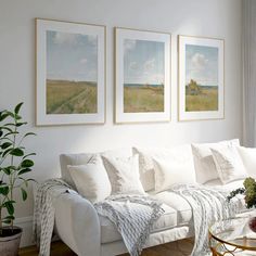 a living room with three paintings on the wall and a couch in front of it