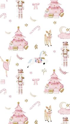 a white background with pink and gold designs on it's sides, including an image of a carousel