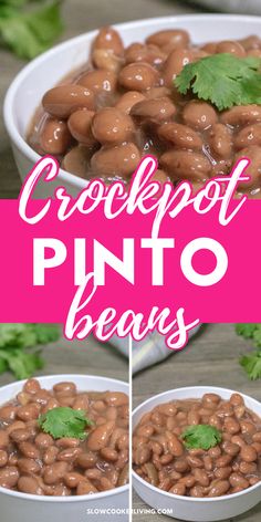 two bowls filled with cooked pinto beans and garnished with cilantro leaves