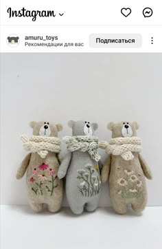 three stuffed bears are standing next to each other in front of a white wall with the words instagram on it