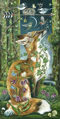 a painting of a fox sitting in the woods with flowers and birds flying around it