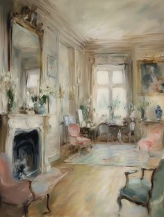 a painting of a living room filled with furniture