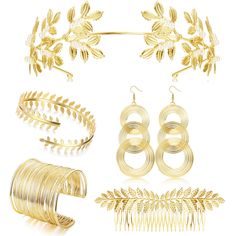 PRICES MAY VARY. ✨Greek Goddess Costume Jewelry Set: The costume accessories set include 5 different ancient vintage greek goddess Roman style accessories, 1 pcs laurel leaf headband, 1 pcs laurel leaf armband, 1 pcs leaf hair comb,1 pcs cuff bangle bracelets and 1 pair of triple swirl dangling earrings. Elegant greek jewelry set for you makes you unique in the costume party. ✨Quality Material:This toga costume jewelry set is made of environmentally friendly alloy, non-toxic and safe, it can wel Goddess Costume Accessories, Grecian Goddess Costume, Upper Arm Bracelet, Toga Party, Ancient Greek Jewelry, Leaf Headband, Arm Bracelets Upper, Arm Bracelet, Greek Goddess Costume