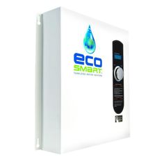 an eco smart tankless water heater with the logo eco smart on it's side