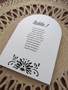 a table number card on top of a doily with black and white lettering that reads table 1