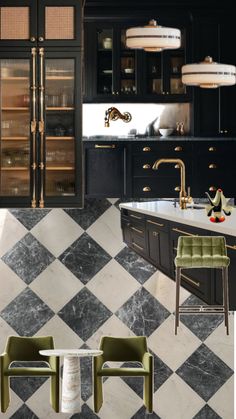 the kitchen is decorated in black and white checkerboard tile, with green chairs